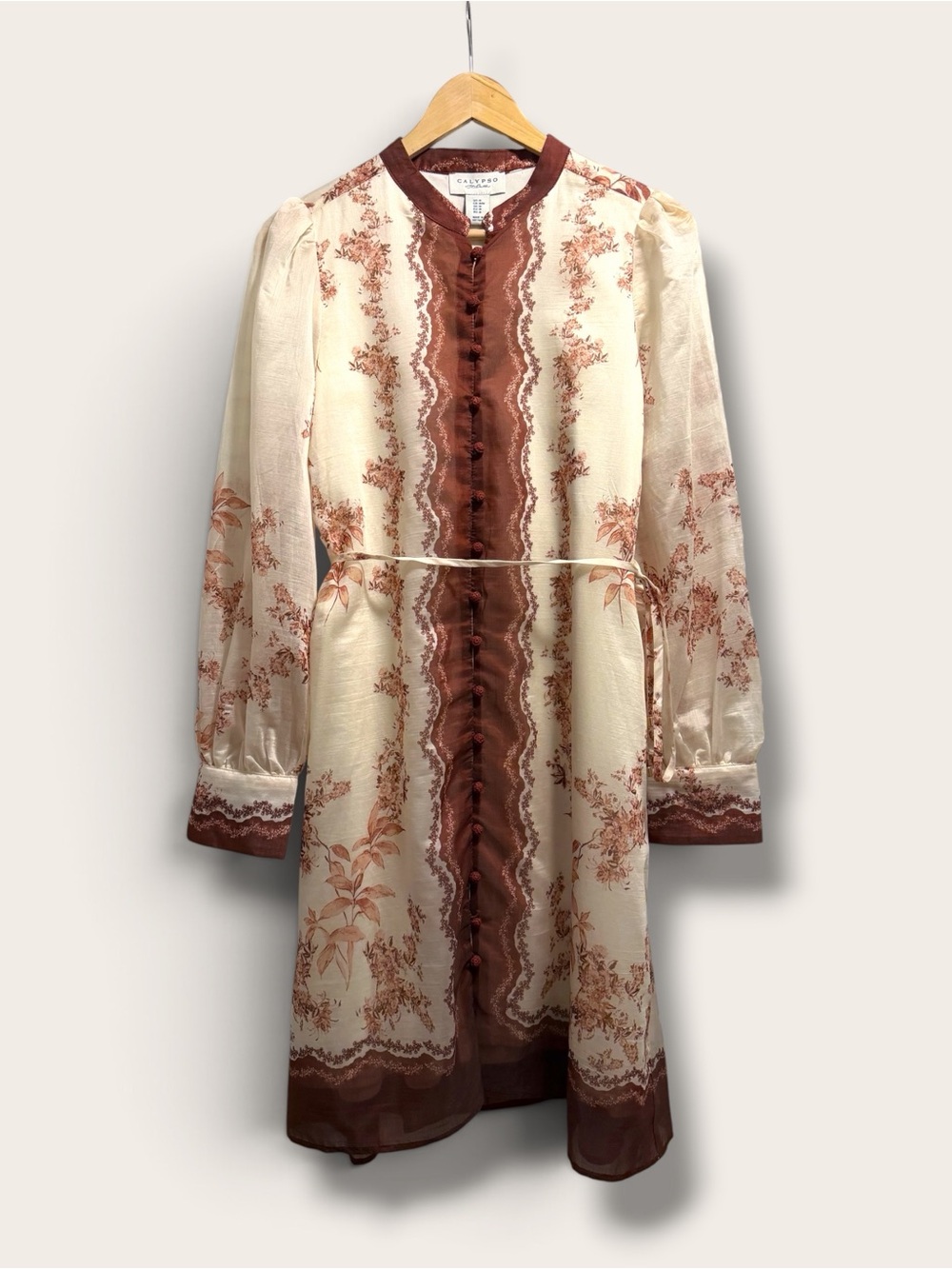 Calypso St. Barth Cream and Rust Floral Long-Sleeve Tie-Waist Dress